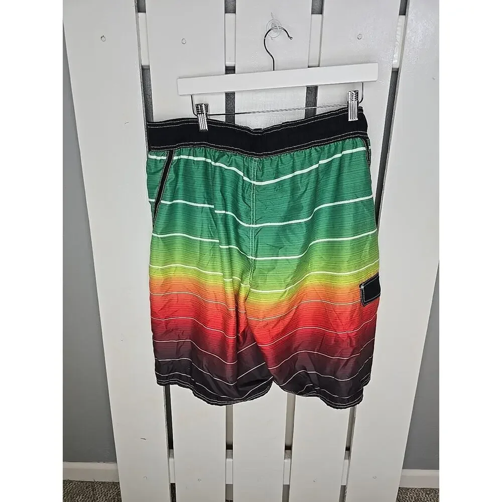 OP Ocean Pacific Rasta Swim Board Shorts Green‎ Red Pool XL Vacation Cruise